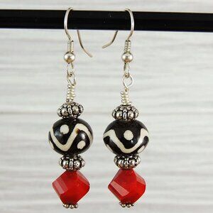 Sterling Silver Red & Black Tribal Ikat Prink Batik Dangle Drop Earrings